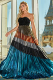 Azul A-Line Sweetheart plissado longo vestido de baile