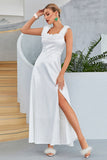 Branco A-Line Pescoço Quadrado Vestido Longo Prom