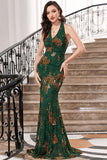 Sereia Verde Escuro Halter Print Backless Prom Dress