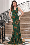 Sereia Verde Escuro Halter Print Backless Prom Dress