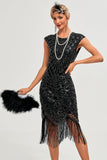 Vestido Gatsby com franjas pretas brilhantes da década de 1920
