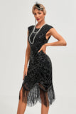 Vestido Gatsby com franjas pretas brilhantes da década de 1920