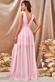 A-Line Vestido de Baile Rosa com Fenda
