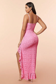 Vestido de festa de renda rosa com fenda