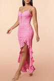 Vestido de festa de renda rosa com fenda