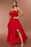 Red Strapless Um vestido de baile de formatura de linha com babados