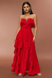 Red Strapless Um vestido de baile de formatura de linha com babados
