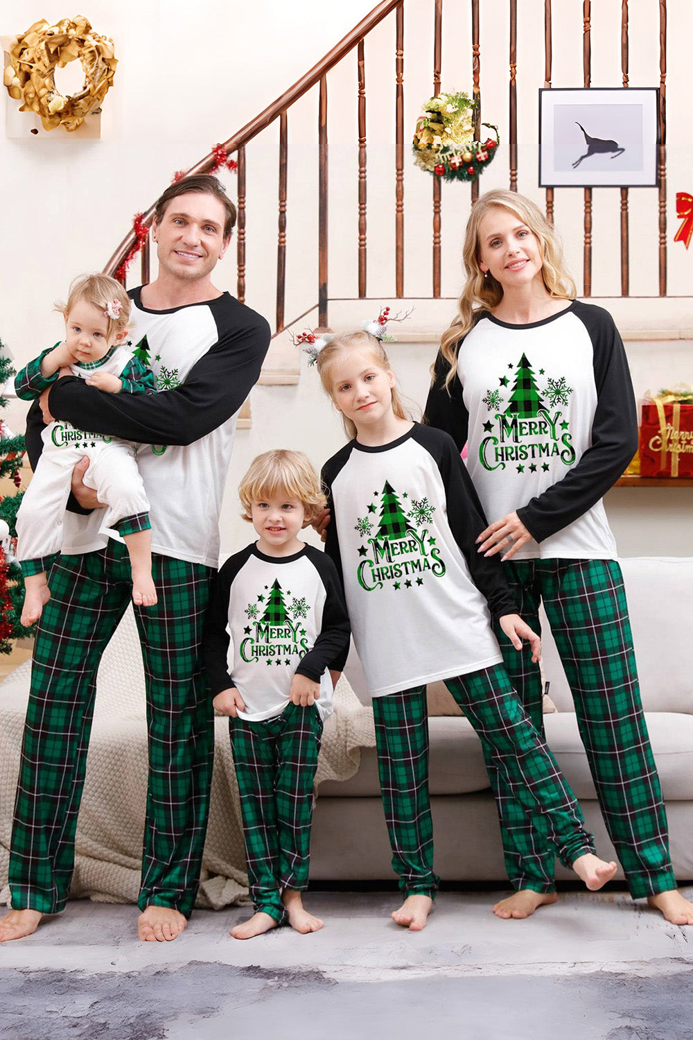 Verde Plaid Família Feliz Natal Conjuntos de pijama