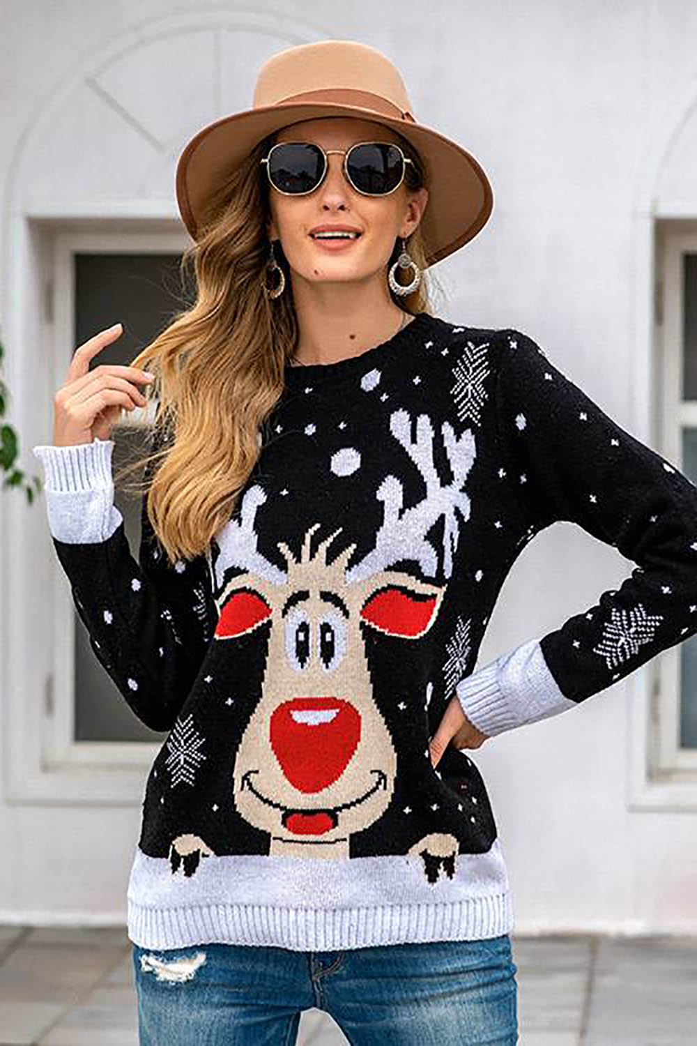 Rena preta de Natal Camisola preta de floco de neve
