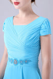 Céu Azul A-Line Pescoço Quadrado Mãe Do Vestido De Noiva Com Plissado