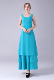 Azul A-Line Scoop Neck Chiffon Andar de comprimento Mãe do vestido da noiva