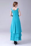Azul A-Line Scoop Neck Chiffon Andar de comprimento Mãe do vestido da noiva