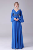 Royal Blue A-Line V-Neck plissado andar de comprimento mãe do vestido de noiva com missangas