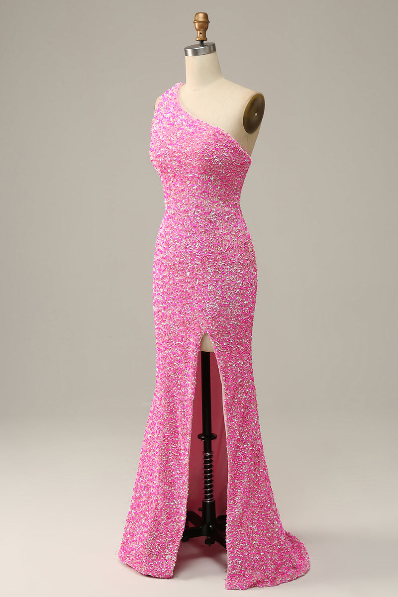 Carregar imagem no visualizador da galeria, Fuchsia lantejoula vestido de baile um ombro