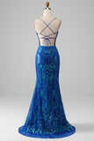Vestido de baile de formatura azul real sereia brilhante com fenda