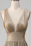 Glitter V-Neck Vestido de Baile de Formatura Dourado com Fenda