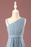 Dusty Blue One Shoulder A-line Chiffon plissado comprimento do chão Junior Madrinha Dress