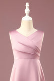 Dusty Rose Cetim A-line plissado V-neck Long Junior Vestido de Madrinha