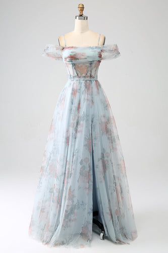 A-Line Blue Printed Cold Shoulder Long Corset Prom Dress com fenda