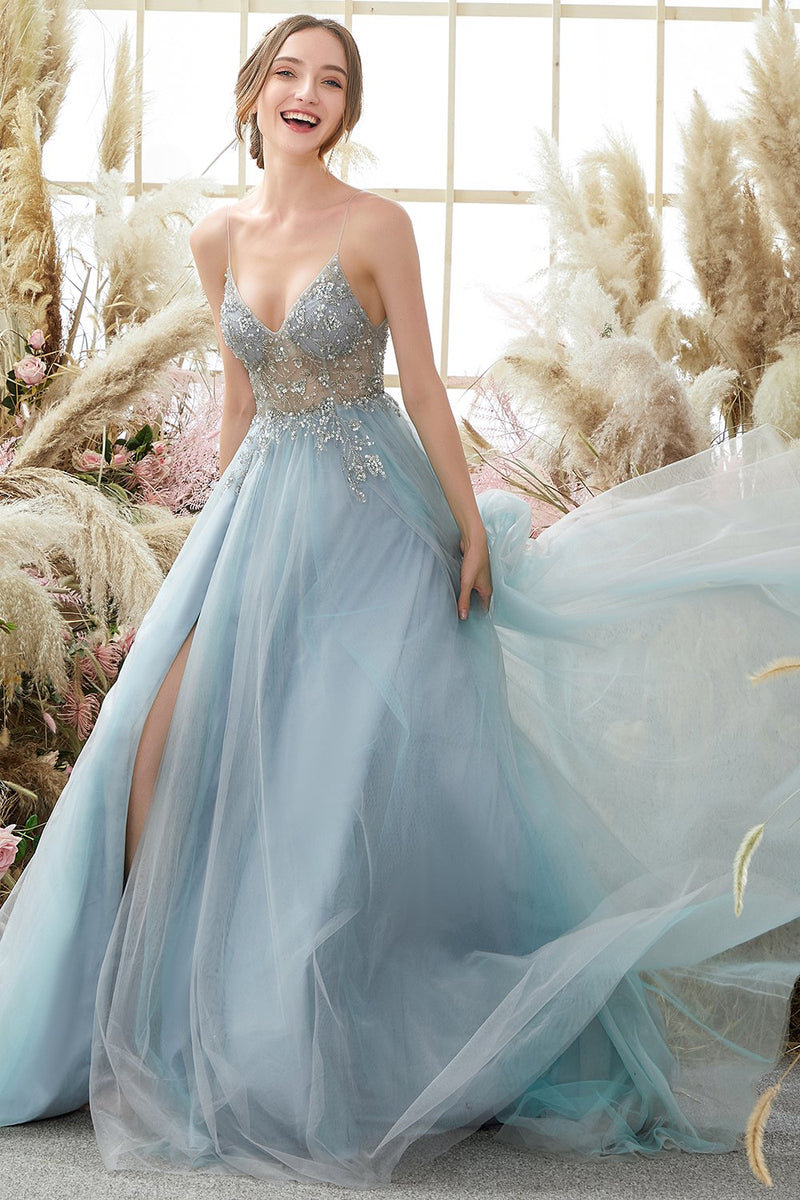 Carregar imagem no visualizador da galeria, Vestido de Cerimónia Comprido Azul Claro Perolização
