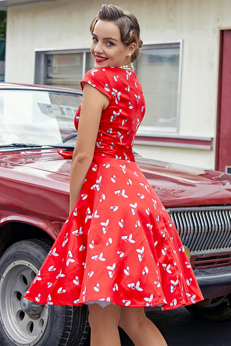 Carregar imagem no visualizador da galeria, Vestido de balanço vermelho cereja dos anos 50