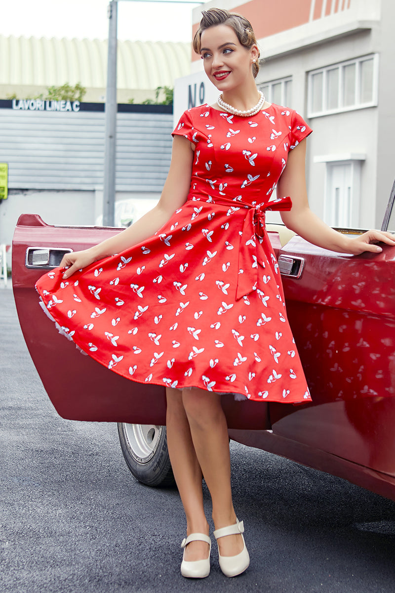 Carregar imagem no visualizador da galeria, Vestido de balanço vermelho cereja dos anos 50