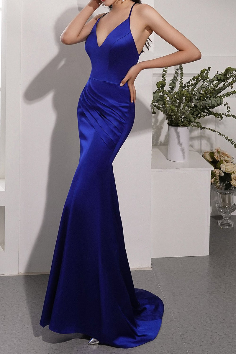 Carregar imagem no visualizador da galeria, Vestido de noite de cetim azul royal
