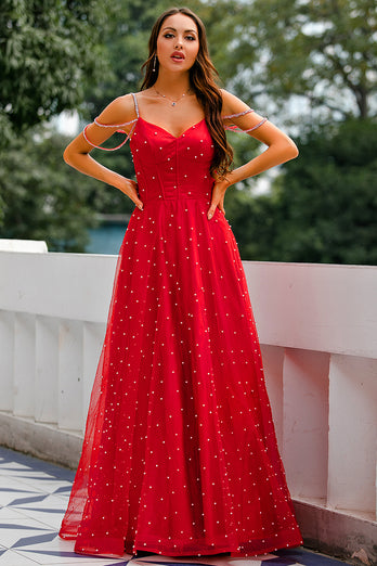 Vestido de baile longo frisado vermelho