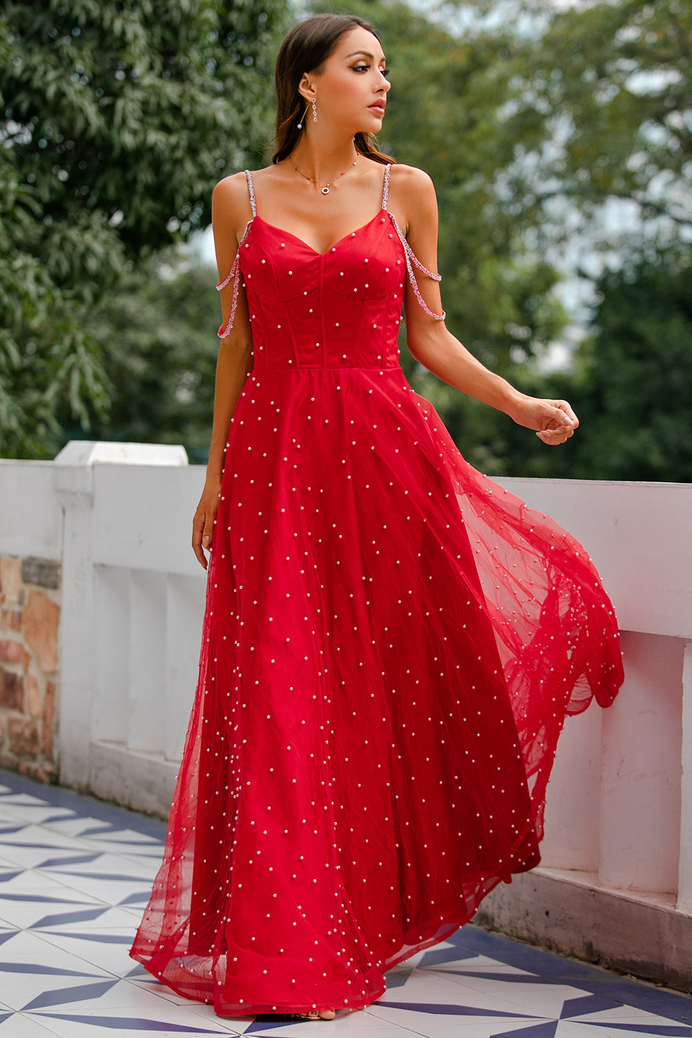 Vestido de baile longo frisado vermelho