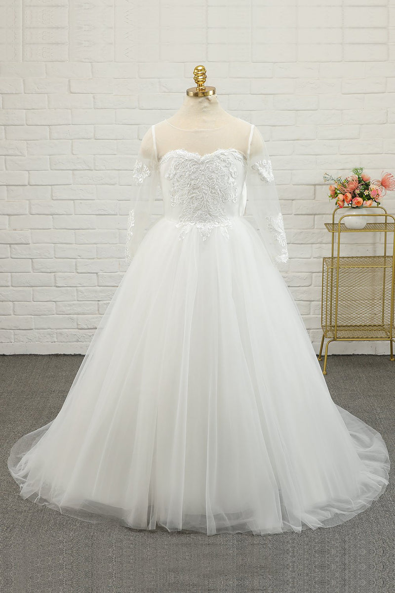 Carregar imagem no visualizador da galeria, Vestido de menina de flor de tulle de marfim comprida com renda