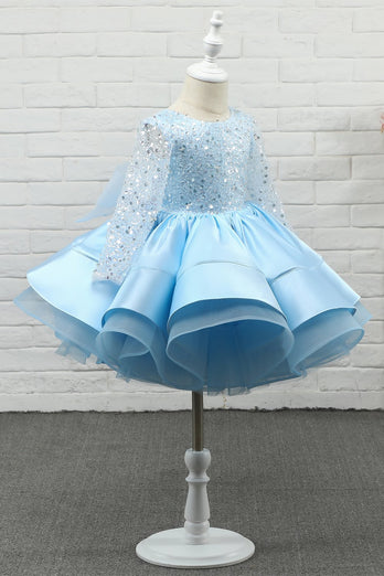 Vestido de menina de flor de lantejoula azul claro com mangas