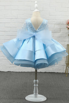 Vestido de menina de flor de lantejoula azul claro com mangas