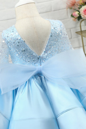 Vestido de menina de flor de lantejoula azul claro com mangas