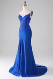 Sereia azul real sem alças longo frisado vestido de baile com apliques