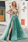 Glitter Green A-Line Spaghetti Correias Long Prom Dress com apliques de lantejoulas brilhantes