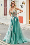 Glitter Green A-Line Spaghetti Correias Long Prom Dress com apliques de lantejoulas brilhantes