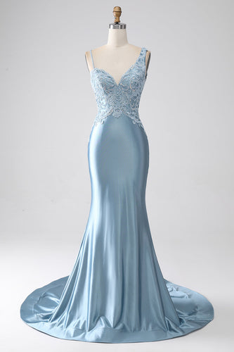 Cinzento azul sereia espaguete alças longo frisado vestido de baile com apliques