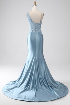 Cinzento azul sereia espaguete alças longo frisado vestido de baile com apliques