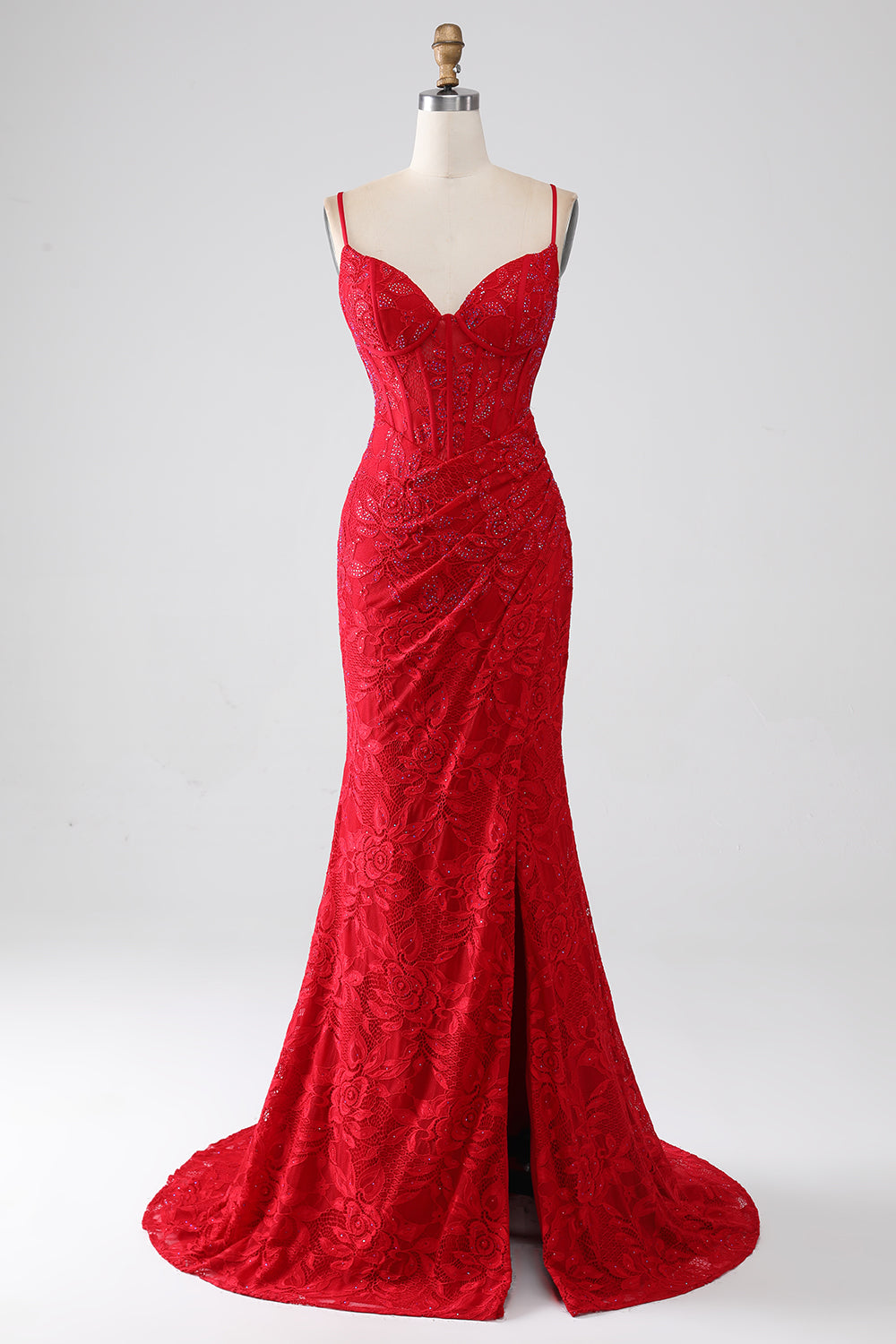 Sereia Vermelha Esparguete Correias Frisado Renda Applique Prom Dress Com Fenda