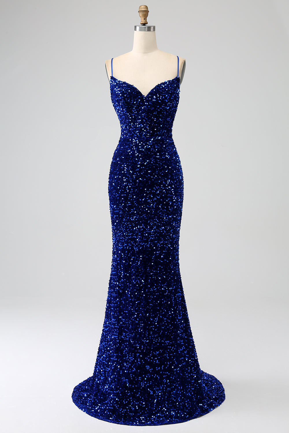 Elegante Royal Blue Sereia Esparguete Correias Veludo Lantejoulas Long Prom Dress