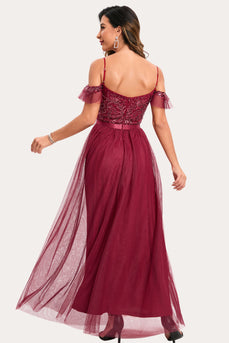 Borgonha frisada A-Line Long Prom Dress