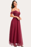 Borgonha frisada A-Line Long Prom Dress