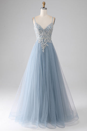 Cinzento Azul Esparguete Correias Brilhantes Lantejoulas Long Prom Dress