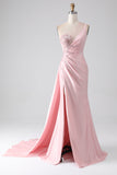 Sereia Rosa Um Ombro Sequins Appliques Ruched Prom Dress With Slit