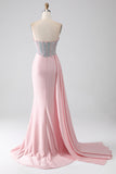 Sereia rosa sem alças frisado longo vestido de baile com fenda alta