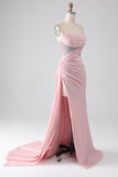 Sereia rosa sem alças frisado longo vestido de baile com fenda alta