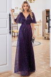 Sparkly V-Neck vestido de festa roxo com mangas curtas