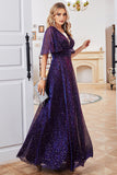 Sparkly V-Neck vestido de festa roxo com mangas curtas