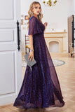 Sparkly V-Neck vestido de festa roxo com mangas curtas