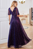 Sparkly V-Neck vestido de festa roxo com mangas curtas
